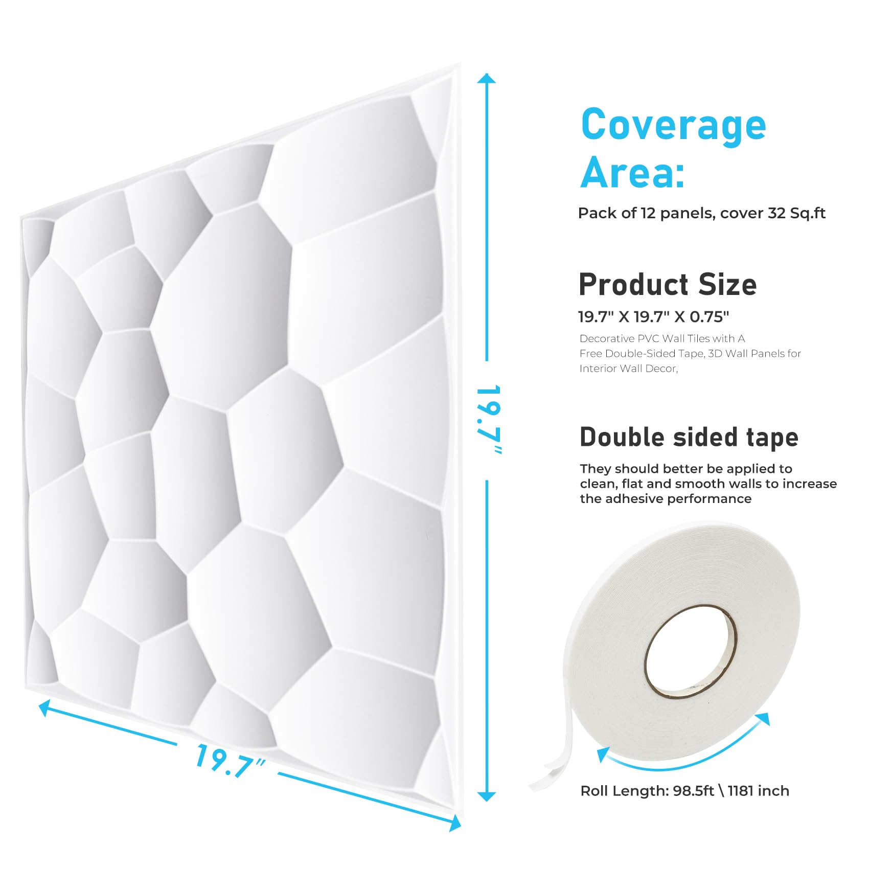 STICKGOO 3D Wall Panels for Interior Wall Decor, White 3D Wall Panels Peel and Stick, Lunar Craters Paintable 3D Wall Decor Covering Panels for Living Room Bedroom, Pack of 12 Tiles