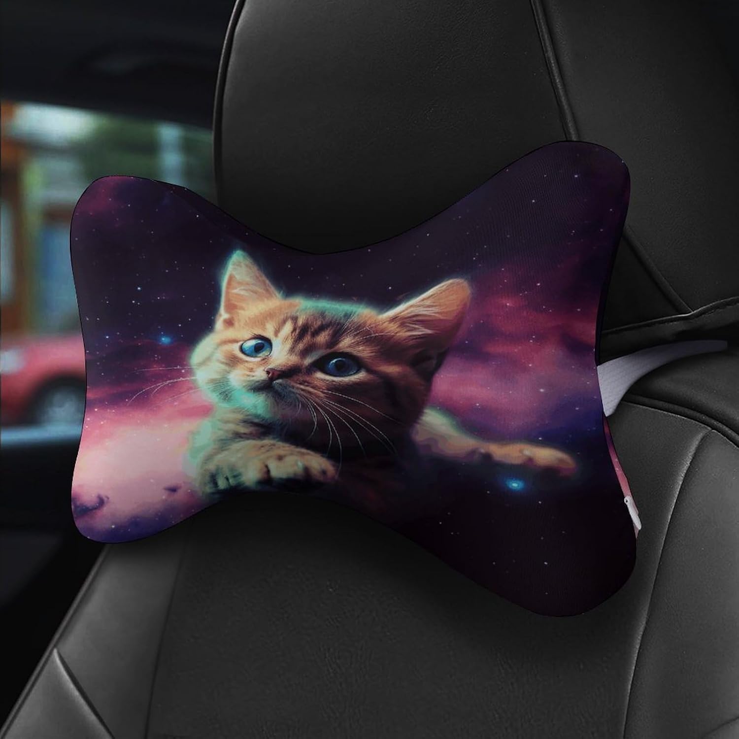 Galaxy Cat Baby Neck Pillo Slow-Rebound Memory Foam Car Headrest Pillows Bone Shaped Pillow with Elastic Band Removable Case Car Pillows for Office Travel Airplane