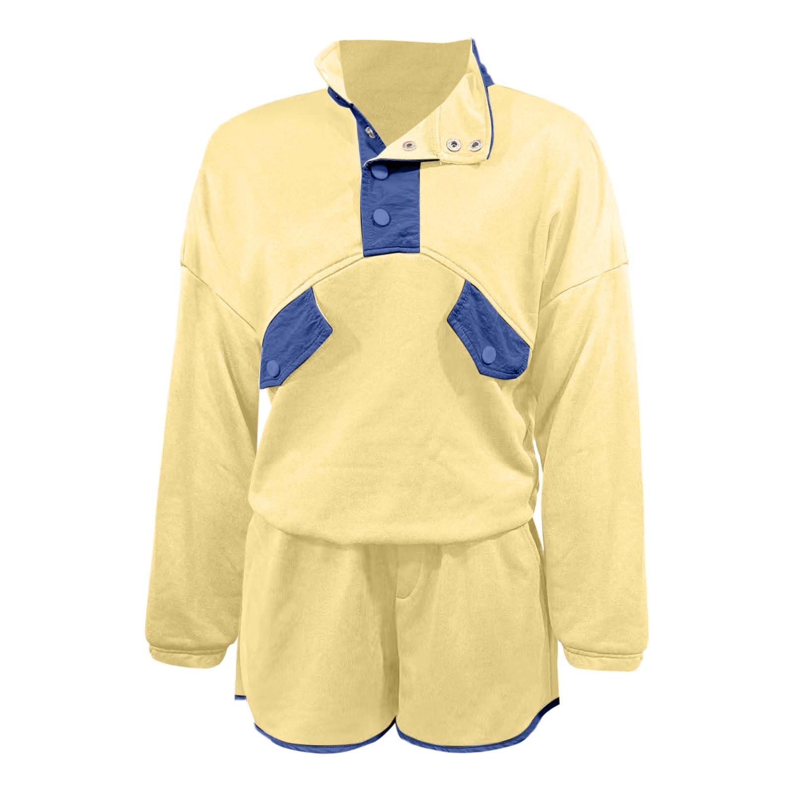 Generisch Set da allenamento da donna, maglione a maniche lunghe con mezzi bottoni, pantaloncini con elastico in vita, set casual da 2 pezzi con tasche