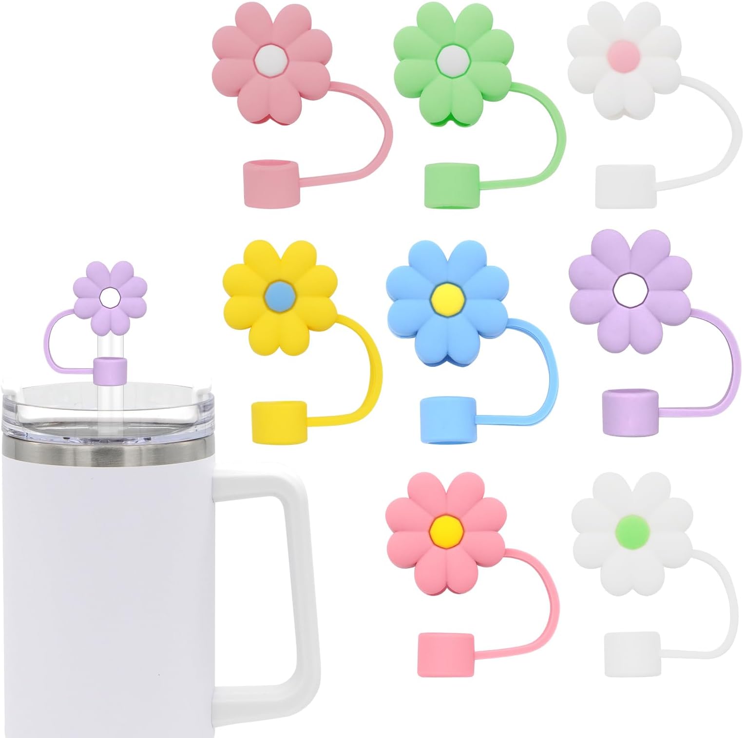 4Pcs 0.4in Diameter Cute Silicone Straw Covers Cap for Stanley Cup, Dust-Proof Drinking Straws Reusable Straws Tips Lids (8 PCS Flower Straw Covers)