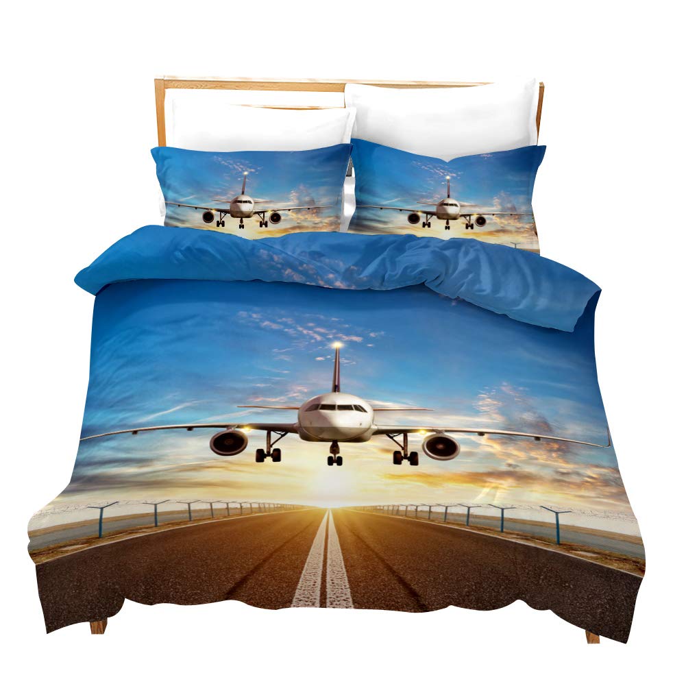 Loussiesd Digital Print Airplane Duvet Cover Set Double Modern Bedding Set Luxury Breathable Microfiber Polyester Comforter Cover with 2 Pillow Shams Blue Sky Aviation Theme 3 Pieces, Zipper โ image 1