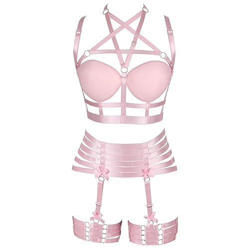 Womens Strappy Full Cage Body Harness Lingerie Garter Belt Set Elastic Hollow Tops Bralette Punk Gothic Festival Rave Wear - Pink
