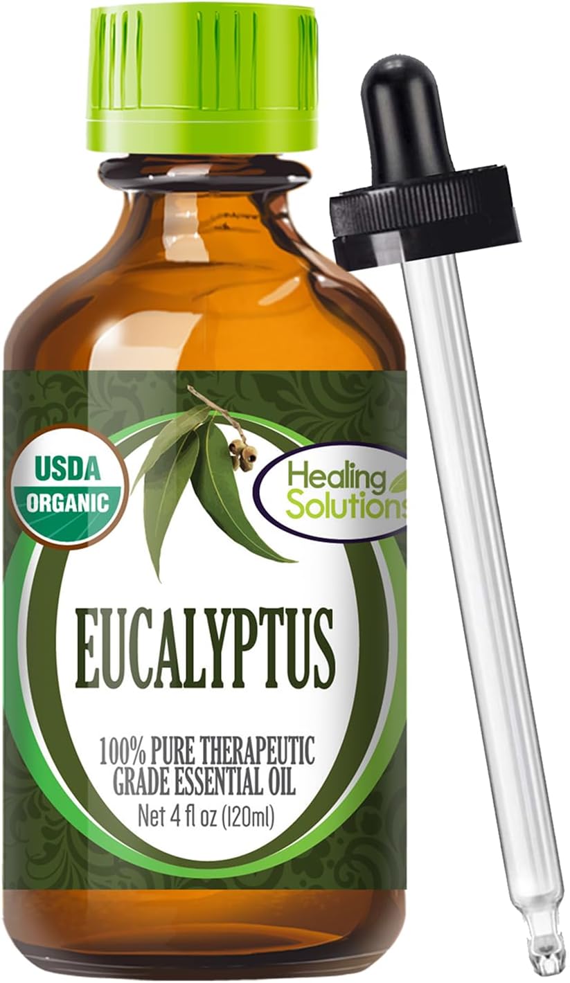 Healing Solutions4 fl oz (120ml) Organic Eucalyptus Essential Oil, Undiluted & Pure, for Hair, Skin, Diffuser, and Aromatherapy