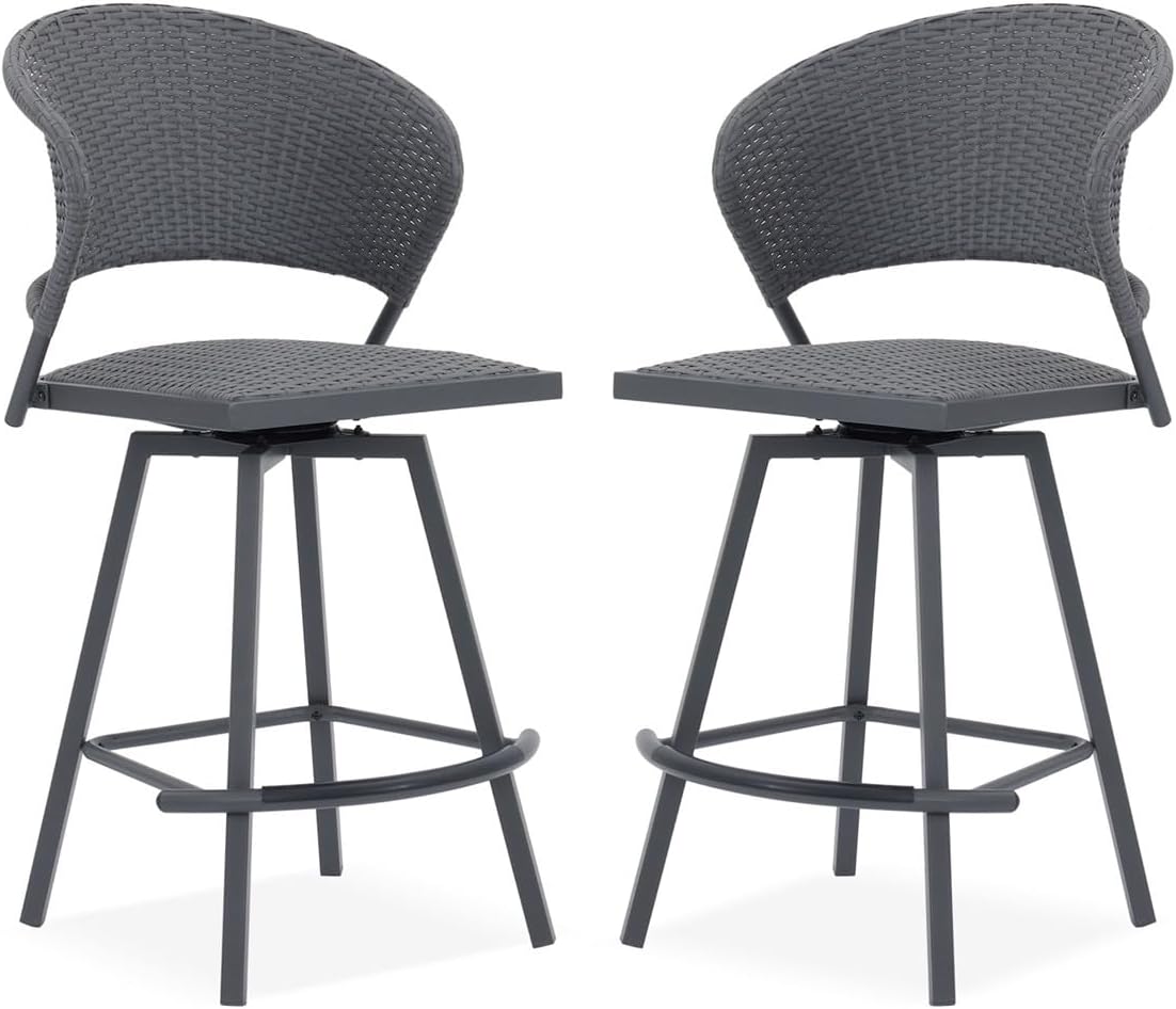 VICLLAX Patio Bar Stool Chairs with Footrests and Padded Seat, Counter Height Swivel Patio Chairs Set of 2, Grey Woven Wicker Swivel Bar Stools for Lawn Garden