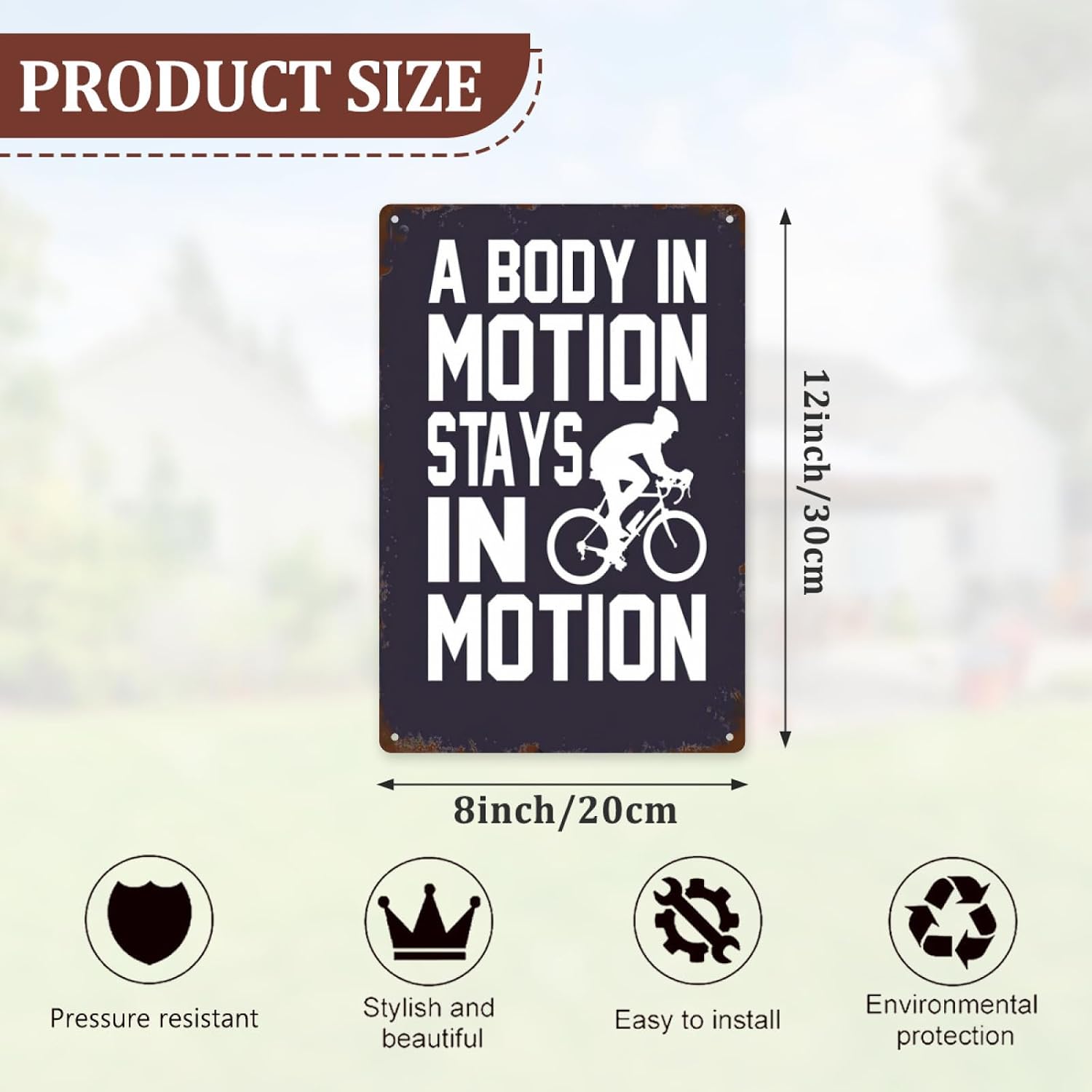 wall decorations Cycling A body in motion stays in motion retro signs vintage Hotel Retro Metal Sign for Bathroom,Yard,Wedding,Garage,Kitchen,Office,Home,and more 8X12inch