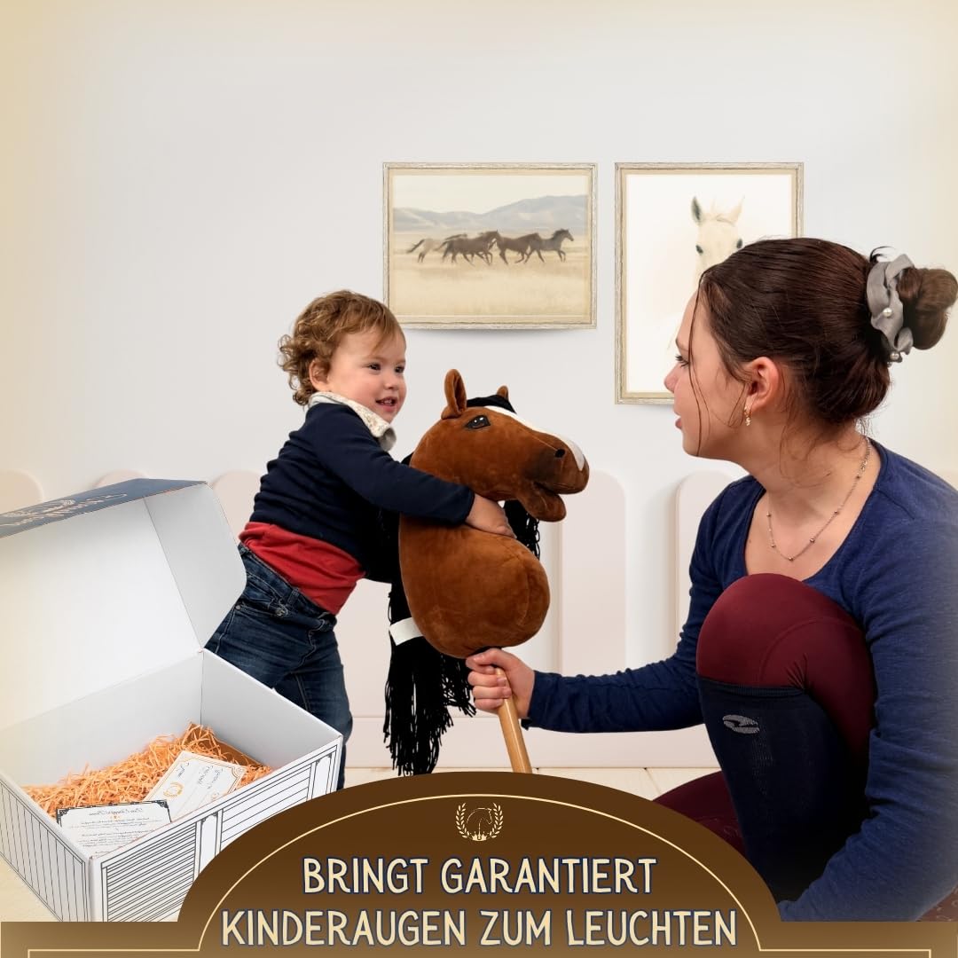 Hobby Horse Pferd -A3- Premium Steckenpferd mit Zubehör für Hobby Horsing: Pferde Spielzeug Set mit Stockpferd, Trense, Turnierschleife & Stall als Pferde Mädchen Geschenk - Toffee