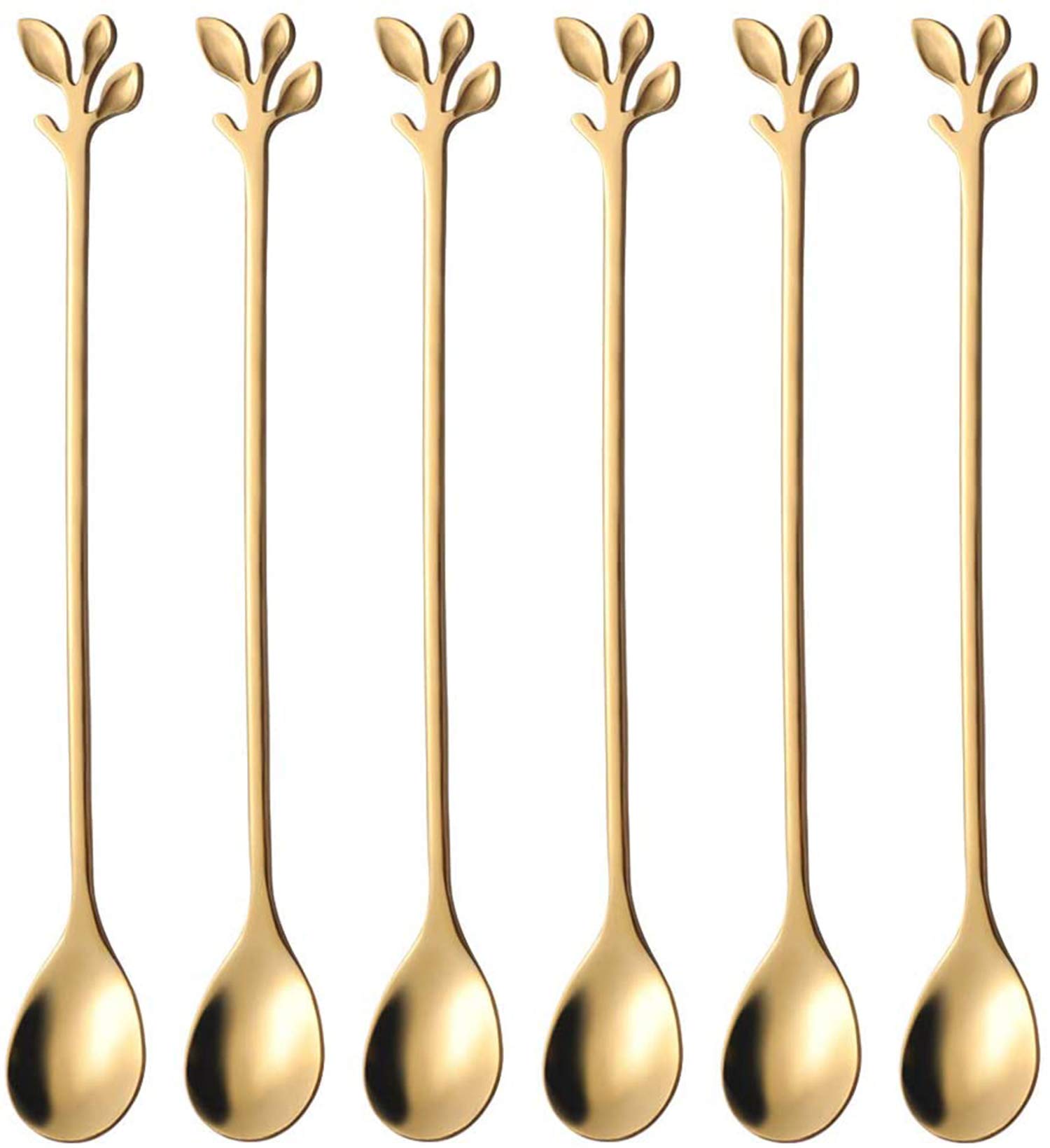 DELFINO Stainless Steel Gold Leaf Long Handle Iced Tea Spoons Set - Creative Stirring Tableware for Dessert - Premium Food Grade (Gold, 6 Pcs)