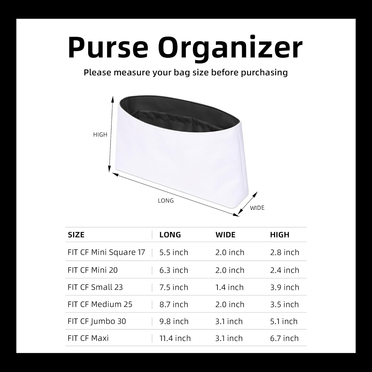 DGAZ Lightweight Purse Organizer Insert for Chanel CF Bag,Silk and Dupontpaper handbag inner for Luxury Bags(Black,CF medium 25)