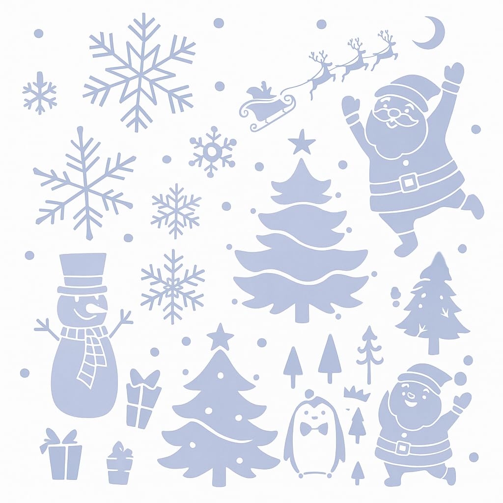 6 Reusable Christmas Window Stencils – Plastic Snow Spray Templates for Glass, Mirrors & Crafts – Santa, Snowflakes, Sleigh, Reindeer, Snowman, Penguins & Xmas Tree – 30x22cm
