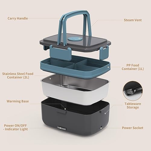Miniatura 6 de Fiambrera eléctrica para adultos  Calentador de alimentos portátil de 90 W con acero inoxidable de 2 L y recipiente de fruta de 1 litro, lonchera