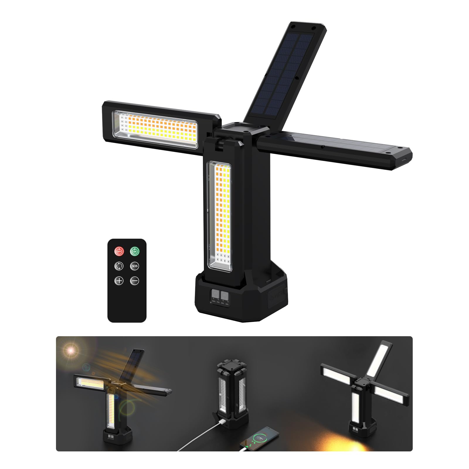 Lampada da lavoro a energia solare ricaricabile da 13200 mAh, con supporto pieghevole e borsa per il trasporto, dimmerabile continuamente, bianco/caldo/bianco naturale/rosso (SOS) con