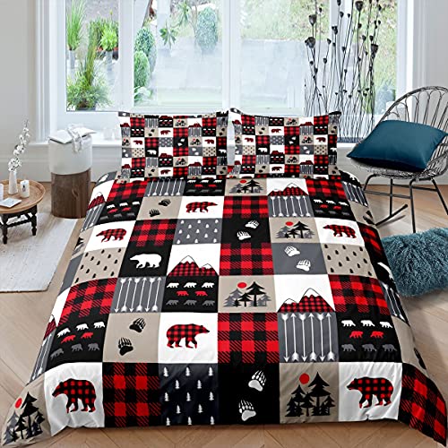 Manfei Christmas Duvet Cover Set King Size Cute Bear Tree Print Comforter Cover Geometric Checkered Bedding Set 3Pcs For Kids Boys Girls Room Decor Cartoon Animal Bedspread Cover With 2 Pillowcases #TOP2