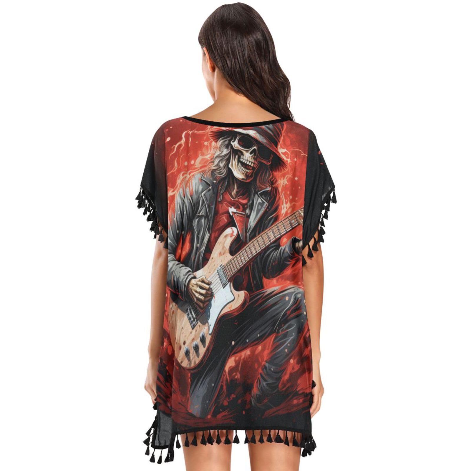 Red Skull Guitar Art Women's Beach Cover Up Chiffon Tassel Swimwear Swimsuit Coverups for Girl