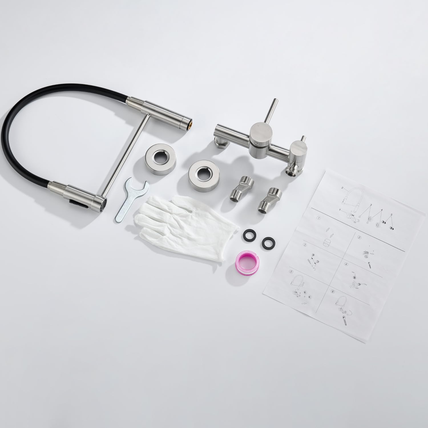 Wasserhahn Küche Wandmontage mit 3/4 Zoll Anschluss, Küchenarmatur Wand für Geschirrspüler/Waschmaschine, Wandarmatur mit 3 Strahlarten, 360° Drehbar Flexibler Auslauf, Gebürstetes