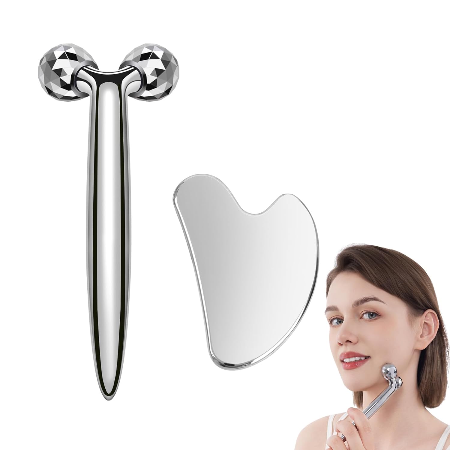 3D Gua Sha Facial Tools Metal Face Roller Stainless Steel Gua Sha Set Cooling Massage Tools for Reduce Puffiness, Firm Skin, Anti-Aging Care – Daily Facial Sculpting Gift for Women