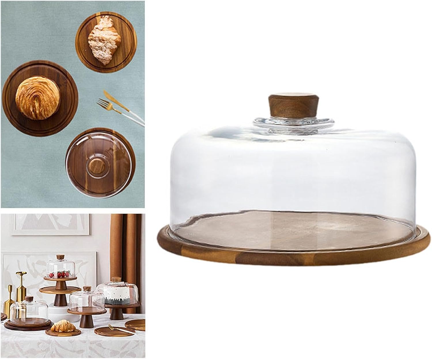 Cake Presentation Server with Wood Tray and Dessert Dome for Events, 31.3x17.5cm