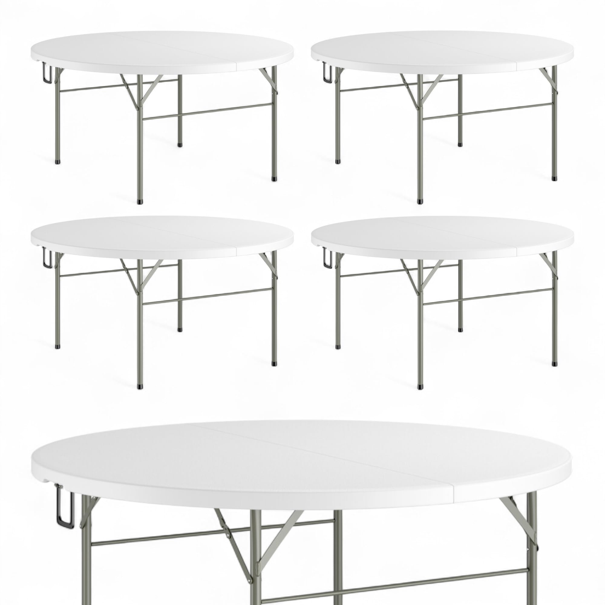 Mix.Home 5 Pack! 60" Round Bi-Fold Heavy Duty Plastic Folding Table Granite White | Indoor Outdoor Commercial Foldable Utility Table for Events,