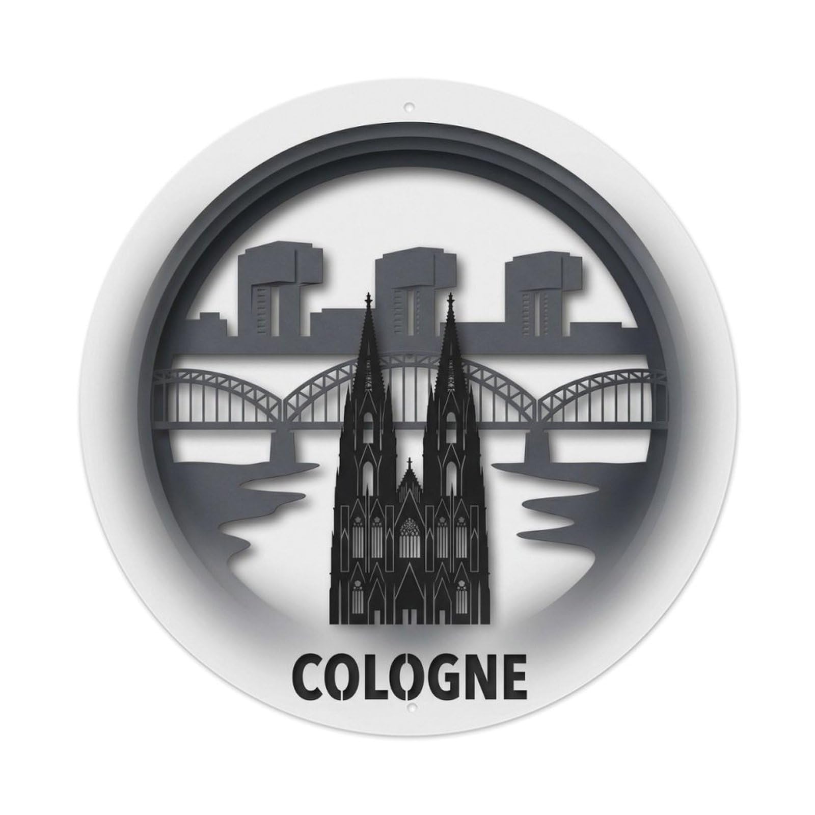 Cologne Cathedral Rhine Bridge Monochrome Skyline City Map Metal Tin Sign Plaque Wall Decor for Cafe, Man Cave, Club Bar, Office, Home Garden Round Metal Poster 8x8Inch