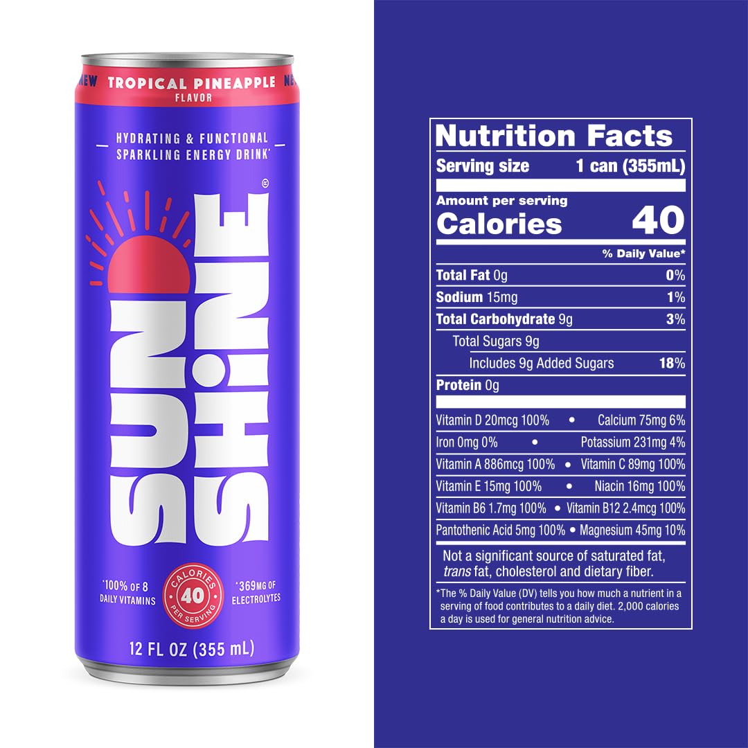 Sunshine Sparkling Energy Drink, Tropical Pineapple with Daily Essential Vitamins, 360mg of Electrolytes, 70mg of Natural Caffeine, 12 Fl Oz (Pack of 12)