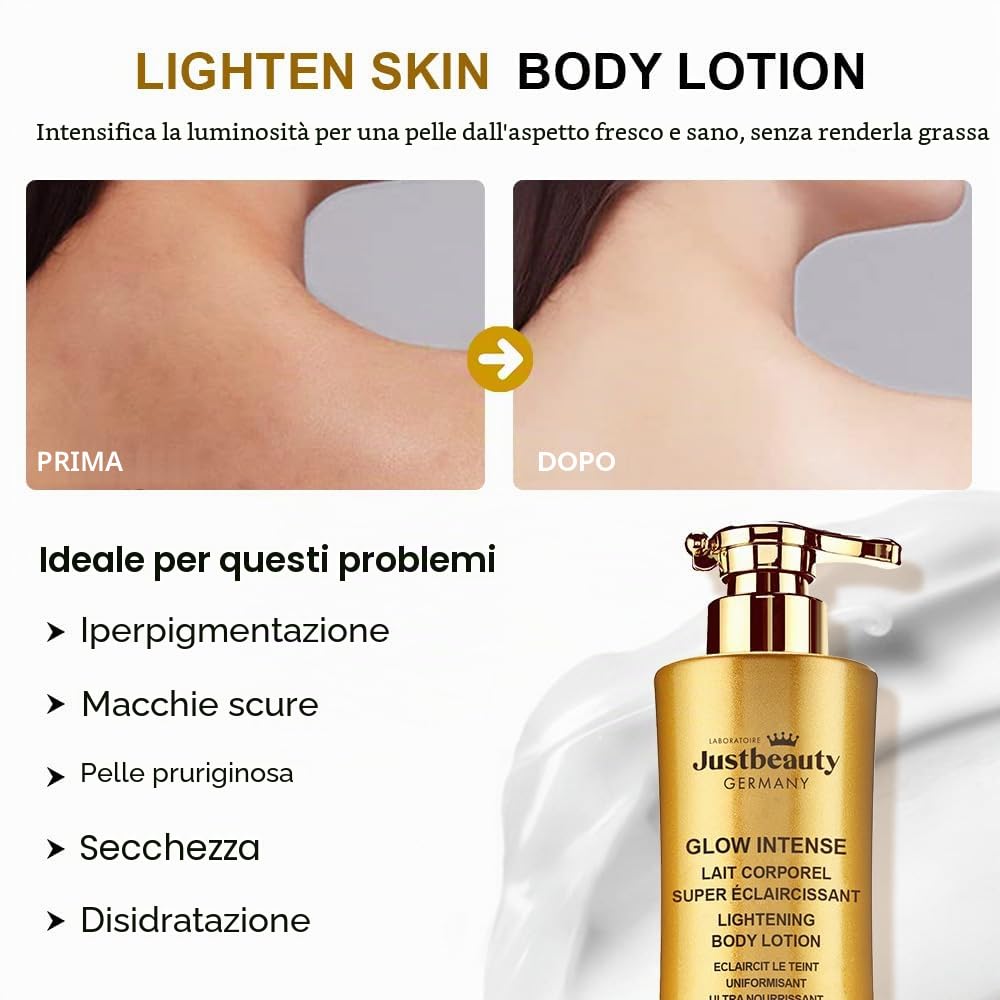 Justbeauty Germany Glow Intense Latte Corpo 500 ml - Cura Corpo per tintura Irregolare e macchie visibili - Acido Kojico, Arbutina, Vitamina C & Niacinamide