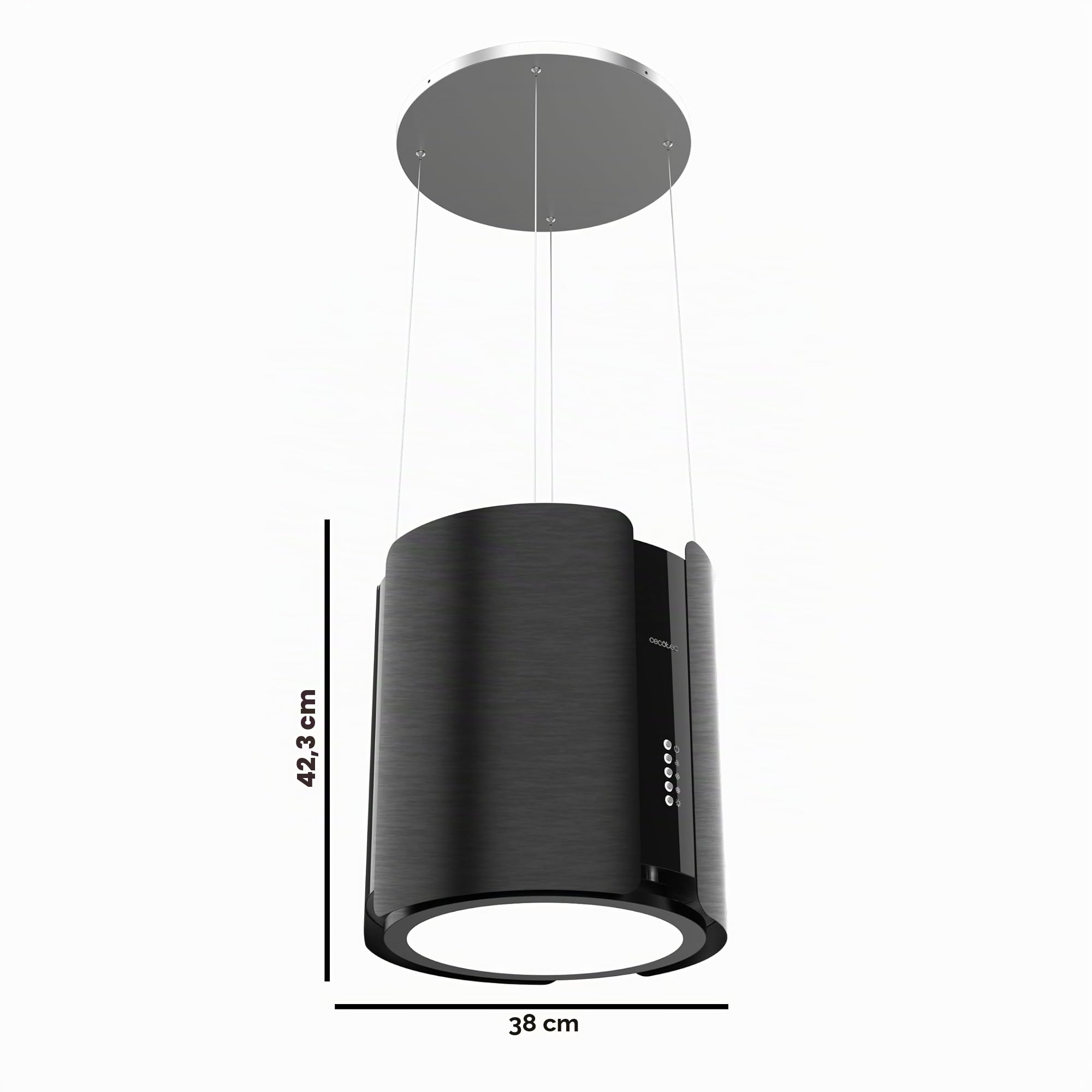 Cecotec Hotte Aspirante d'Îlot Ronde 38 cm Bolero Flux CRE 385500 Black A+. Finition en Acier Noir, Aspiration 591,2 m³/h, Commande par Boutons Électroniques, Filtre à Charbon, Classe A+, Moteur DC