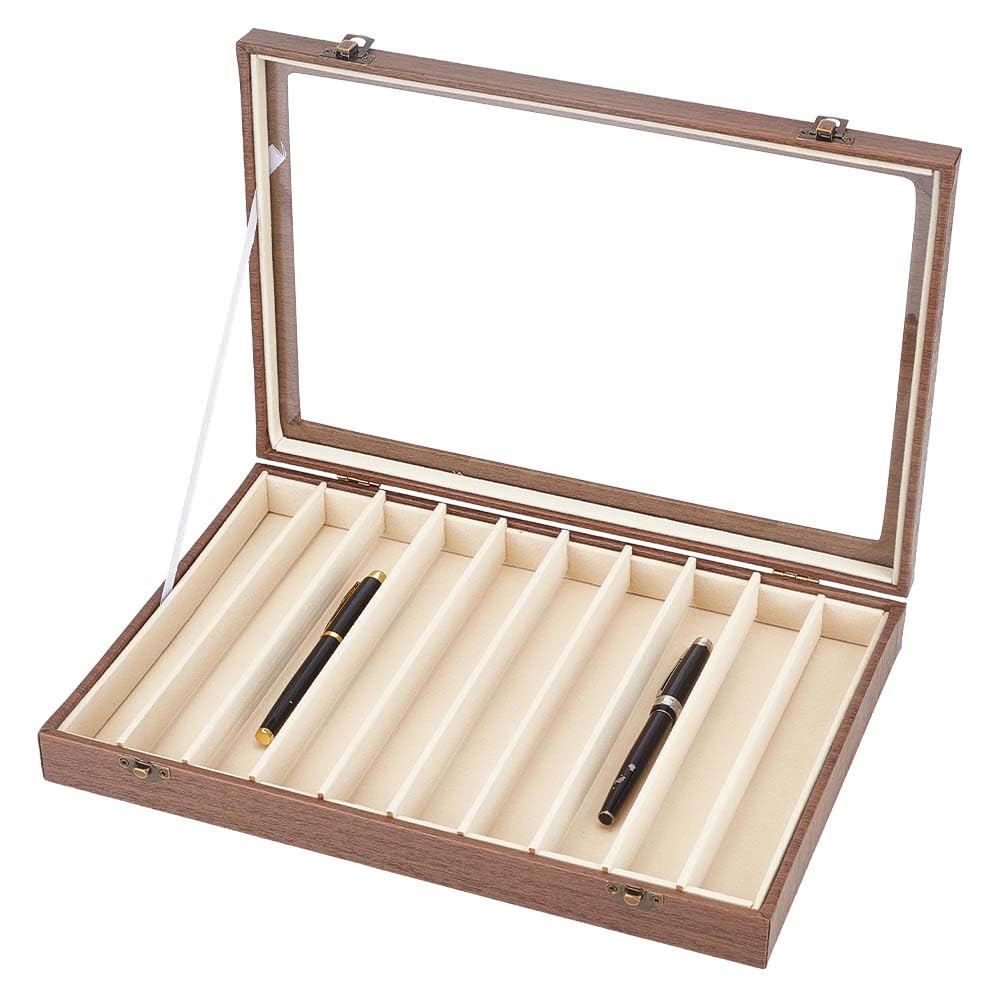 HOBBIESAY Wood Pen Display Case with 10 Slots Fountain Pen Holder Organizer With Clear Glass Window 35.5x24x4.9cm Pencil Collection Storage Display Box for Home Office, Gift for Dad Husband