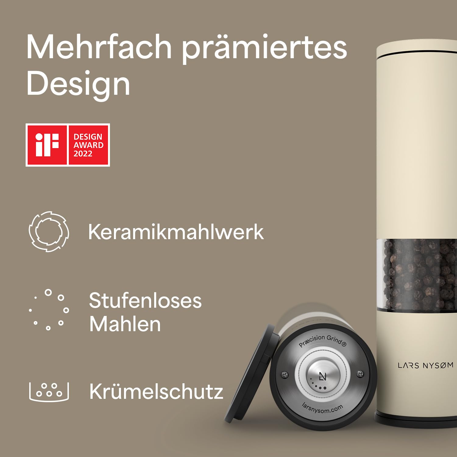 LARS NYSØM Salz und Pfeffermühle Set Manuell mit einstellbarem Keramikmahlwerk I Edelstahl Pfeffermühle und Salzmühle I Design Gewürzmühlen Set (2 Stück)