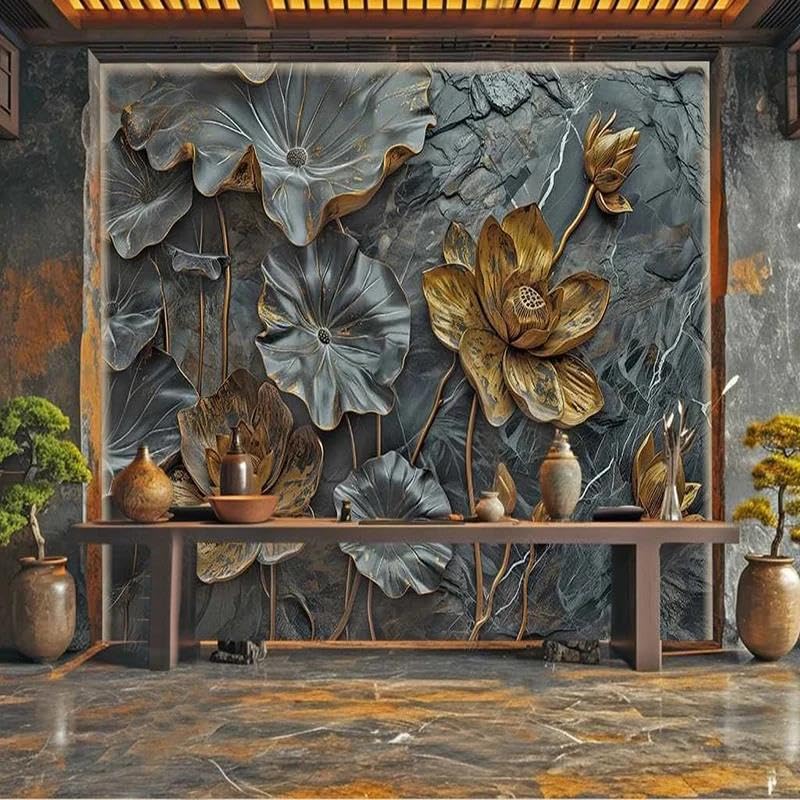 Papier peint 3D lotus adhésif PVC pour décoration murale de chambre et salon tendance