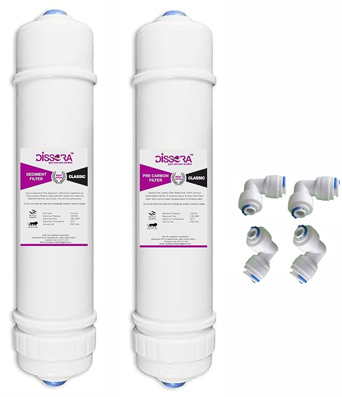 Dissora Classic 10 Inch Inline Sediment and Pre Activated Carbon Filter Cartridge Set, Suitable for All Kind of RO UV UF Water Purifier, Pack of 2
