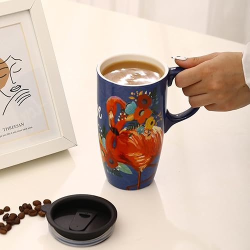 Miniatura 31 de DUSVALLY Taza de cerámica grande taza de café alta tazas de viaje taza de té de porcelana con tapa 17oz, abeja Abeja,Flor azul,Verde,Flamenco,Flor
