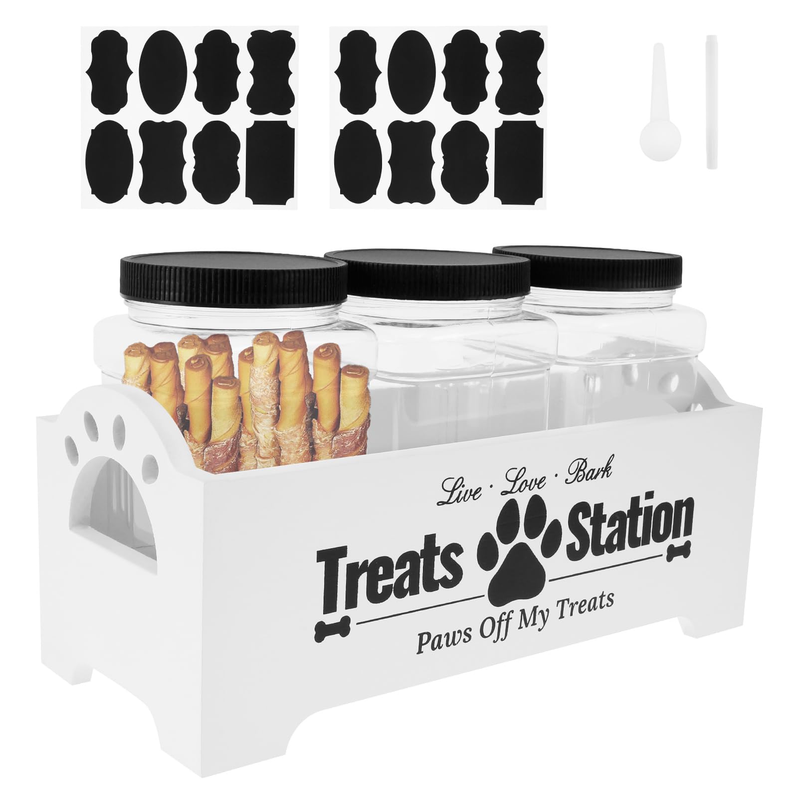 Alongen White Dog Treat Container,Wood Dog Food Organizer Container With 3 Plastic Jar, Farmhouse Cat Food Container Pet Organizer Organizer For Cat, Small Animal(White)