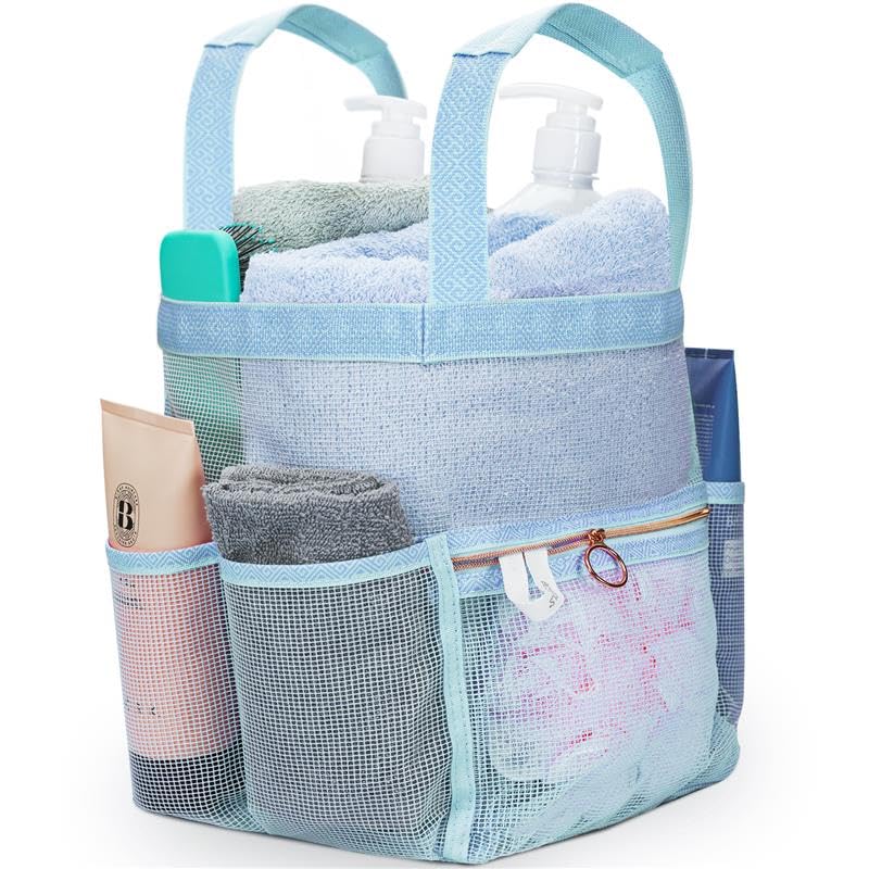 DV Lifestyle Mesh Shower Caddy Dorm, 7 Pockets & 1 with Zipper, Bathroom Tote with Padded Handles, Portable Travel Bath Bag, College Room Essentials (Blue)