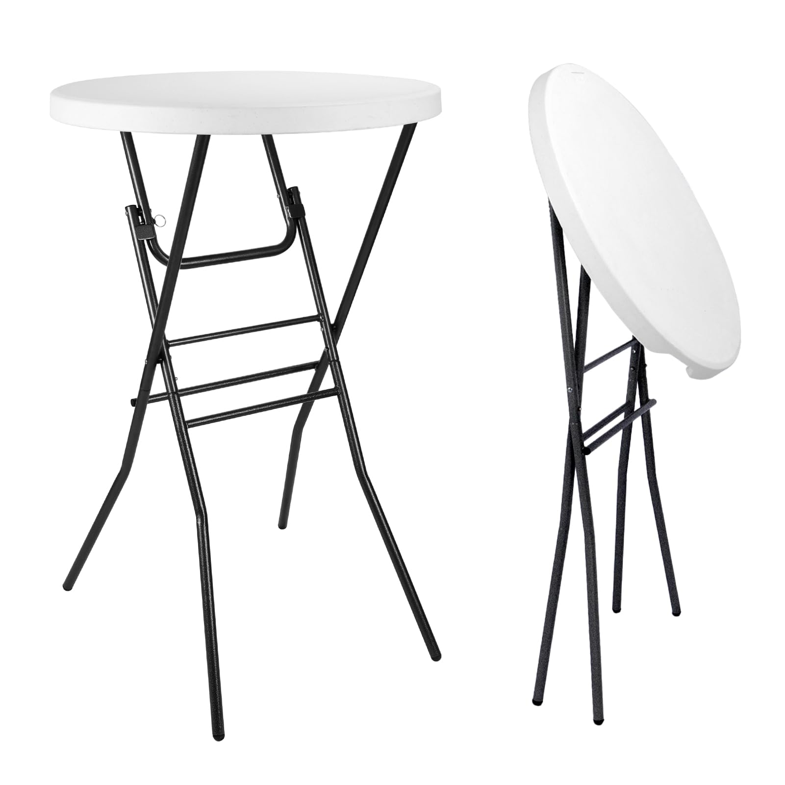 pollilar Cocktail Table 28in Portable Folding Bar Height Table, Compact Round High Top Plastic & Steel Bistro with Removable Legs, for Indoor Outdoor RV Patio Catering Parties Commercial Events-White