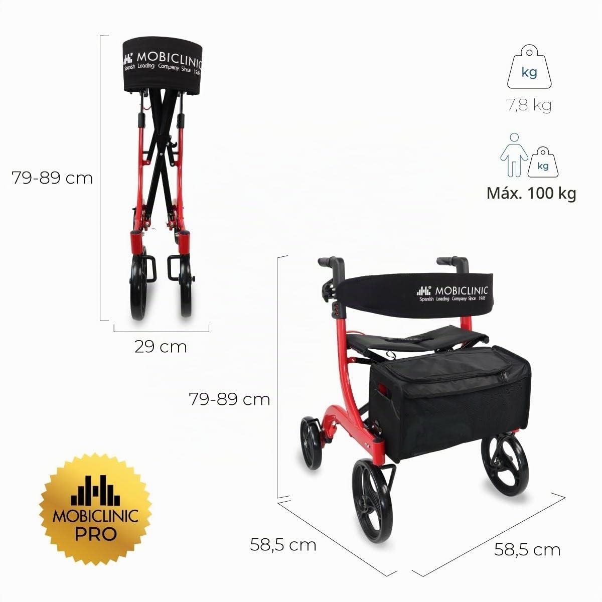 Mobiclinic® pro, Andador para ancianos, Plegado con una sola mano, Ruedas grandes, Doble sistema de frenado, Invicto, Todoterreno, Cesta amplia, Asiento y respaldo acolchados, Altura regulable