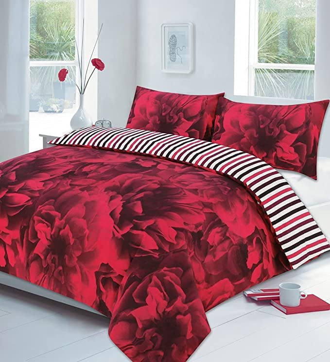 Axcent Comfort Rose Floral King Size Duvet Cover Soft Polycotton Duvet Cover Set with Pillowcases, Modern Printed Reversible Stripe Bedding Quilt Covers Sets (Red)