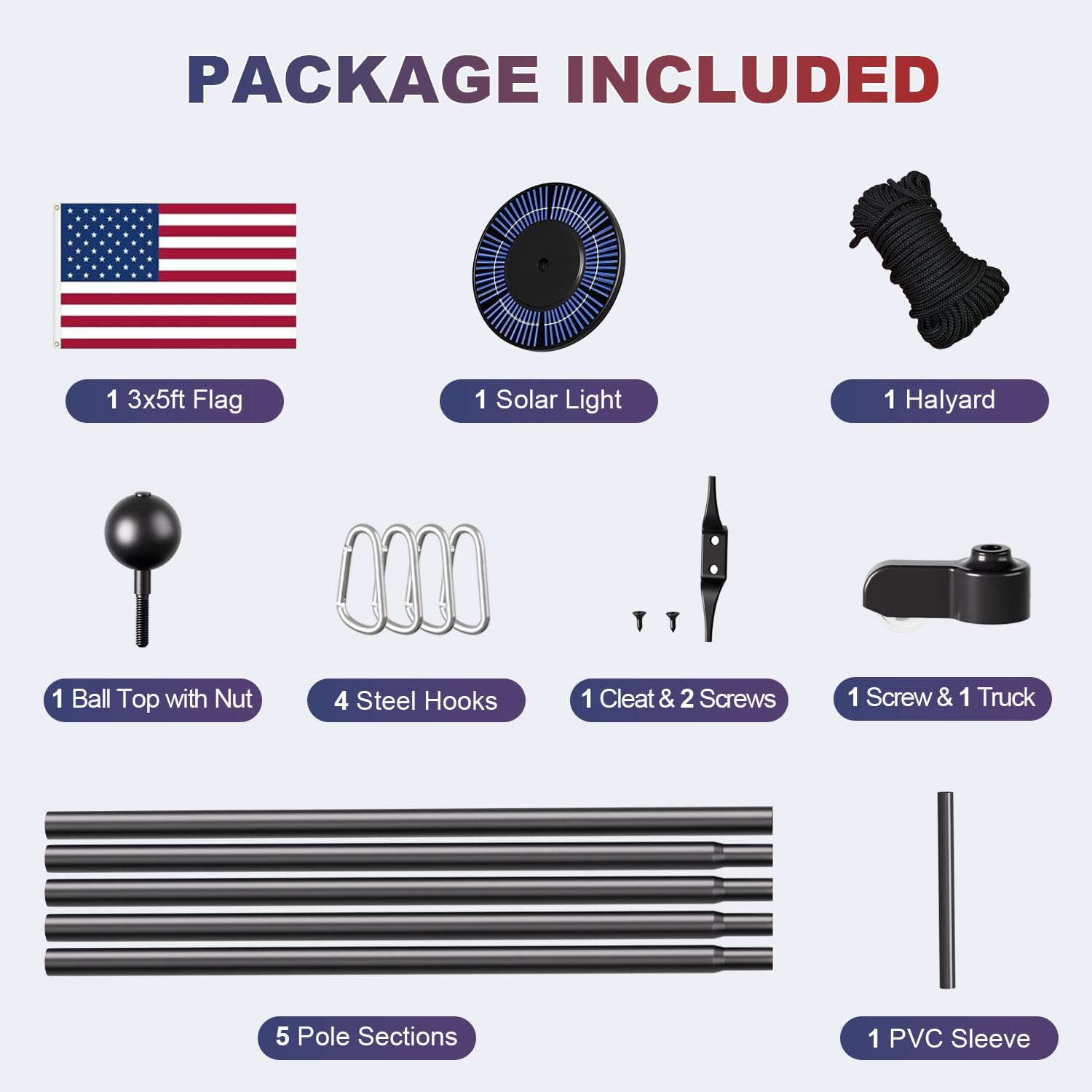 Kit de mástil de bandera resistente de calibre 11 con luz solar ultra brillante de 136 LED, mástil de bandera de 2.3 mm de grosor de 20 pies para casa exterior en el suelo, bandera de Estados