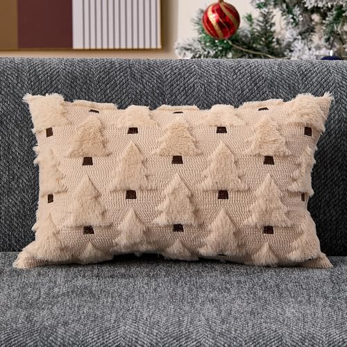 Allorry Christmas Lumbar Pillow Cover 12x20 Christmas Decorations Soft Plush Faux Fur Wool Beige Xmas Tree Throw Pillow Covers Winter Xmas Home Bedroom Sofa Decor PT-018C12