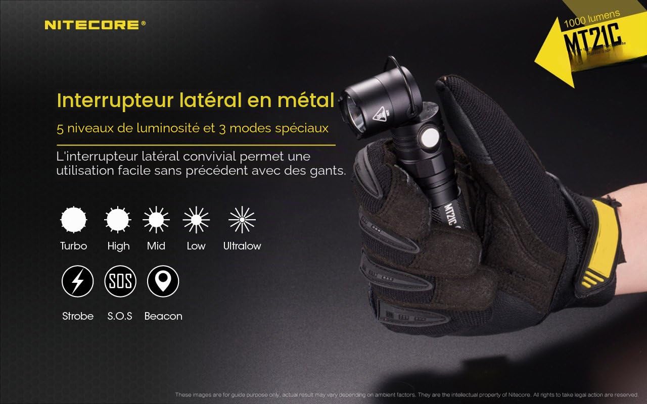 Nitecore Mt21 C 1000 LM Multifonctionnel à 90 degrés réglable Lampe de Poche, Noir