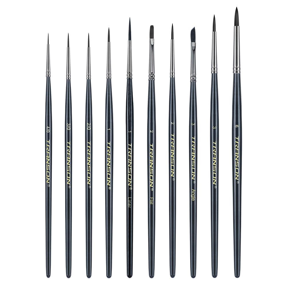 Transon 10pcs Small Detail Miniature Model Painting Brush Set for Acrylic Watercolor Gouache Ink Tempera and Body Painting