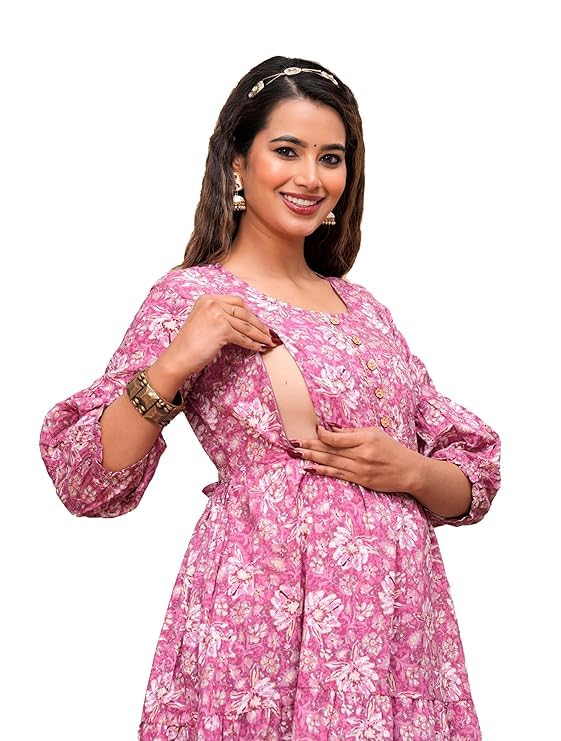Women's Pure Cotton All Over Printed Maternity Gown | Feeding Kurti with Zippers for Women | Maternity Dress Feeding Kurti Pink-image-34