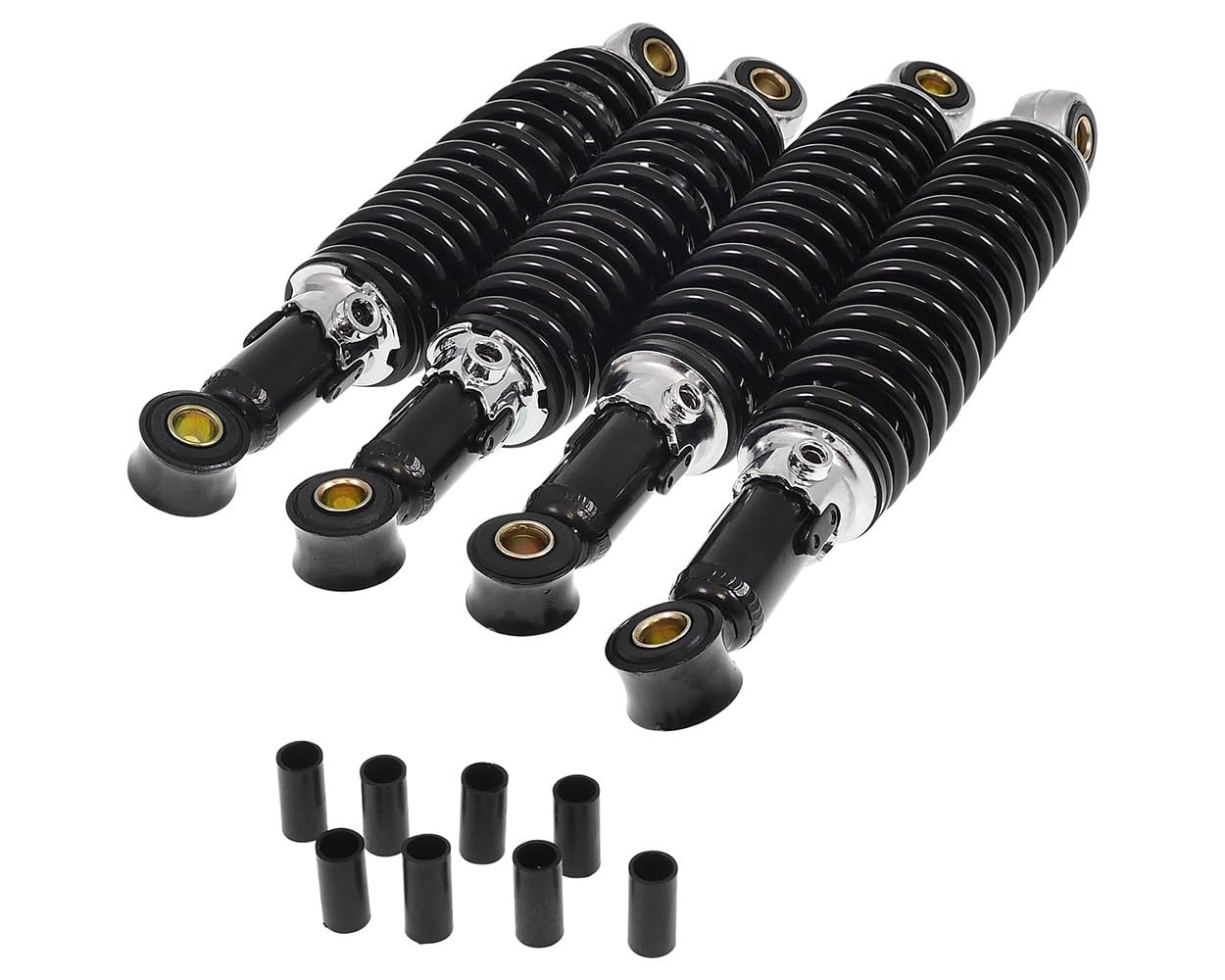 Stoßdämpfer Set 240mm + 260mm Tieferlegung Simson KR51 / 51/1 / 51/2 – 5-fach verstellbar – inkl. Reduzierhülsen – Set vorne & hinten – schwarz – für 8 & 10 mm Bolzen