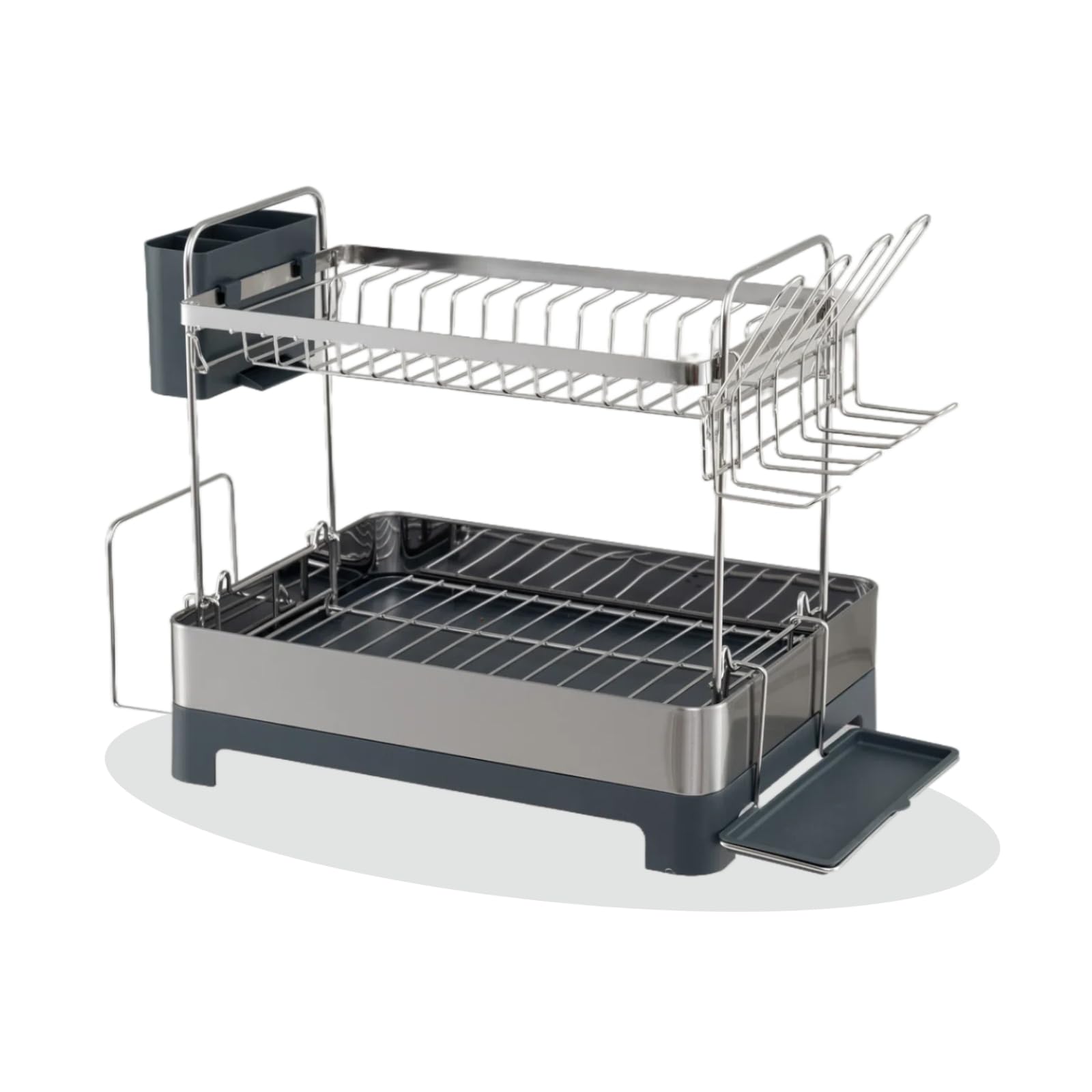 KOMFOTTEU Escurridor para Platos de Acero Inoxidable, Escurreplatos de 2 Niveles con Bandeja de Goteo, Cubo de Cubiertos, Portavasos, Estante Organizador de Cocina, 57 x 32 x 39,5 cm