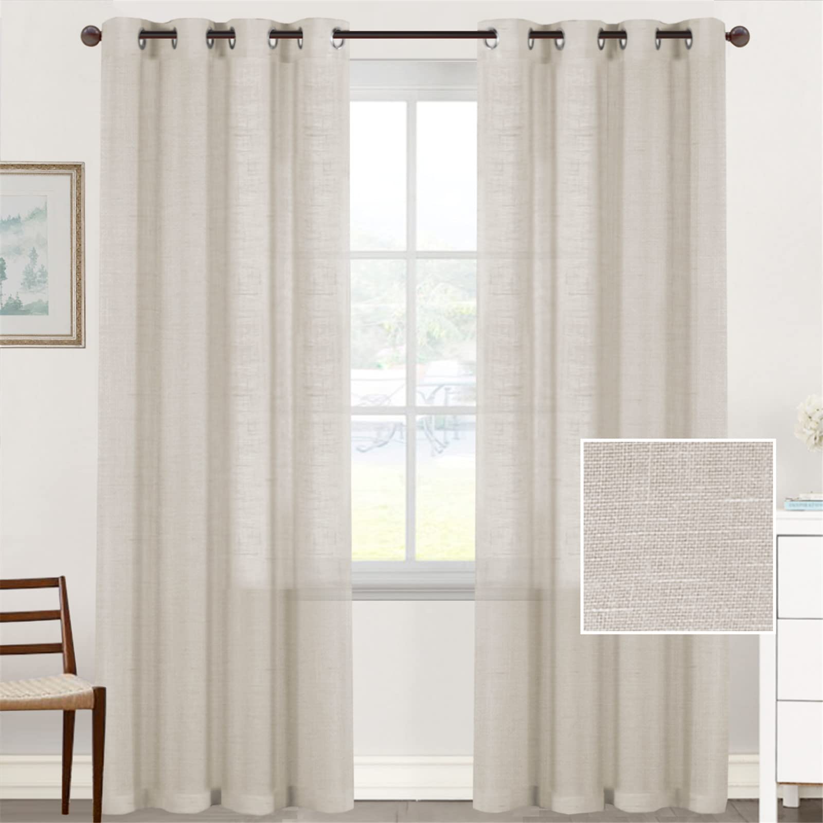 Hiseng Voile Curtains for Bedroom 2 Panels, Solid Color Sheer Curtains Eyelets Curtains Linen Translucent Window Screen Door Drapes for Living Room Balcony Home (132x213cm,Khaki) โ image 1