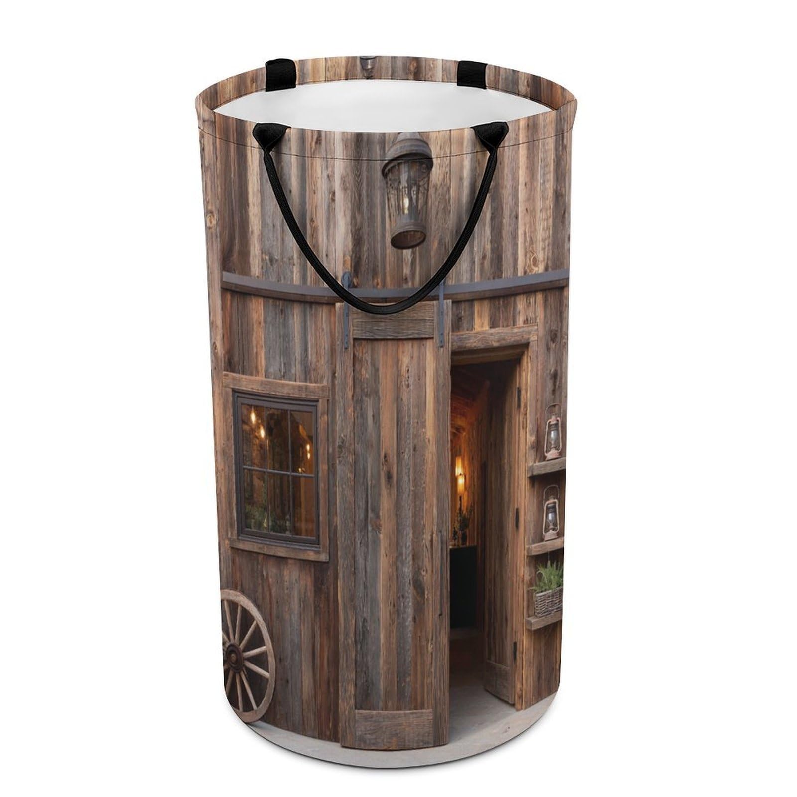 LUYYSKY Classic Realistic Barn Door Versatile Storage Laundry Basket, Beautiful Western Farmhouse Log Cabin Door Wheel Pattern Large Capacity Bathroom Hamper With Handle