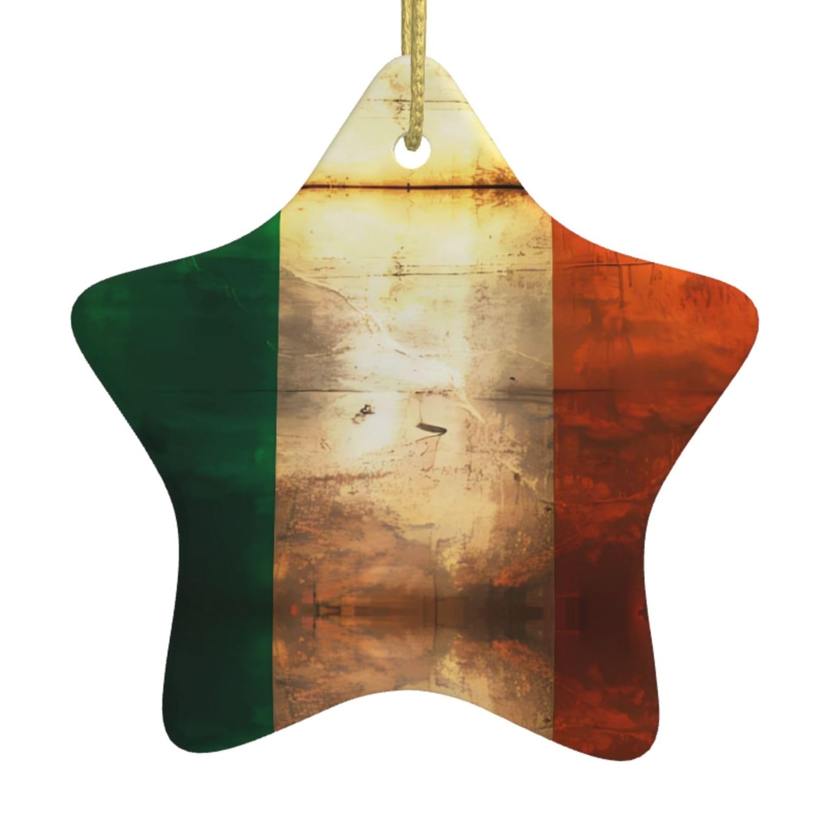 Retro Irish Flag Christmas Ceramic Star Pendant with Punched Holes and Gold Wire Rope, Christmas Tree Home Decoration