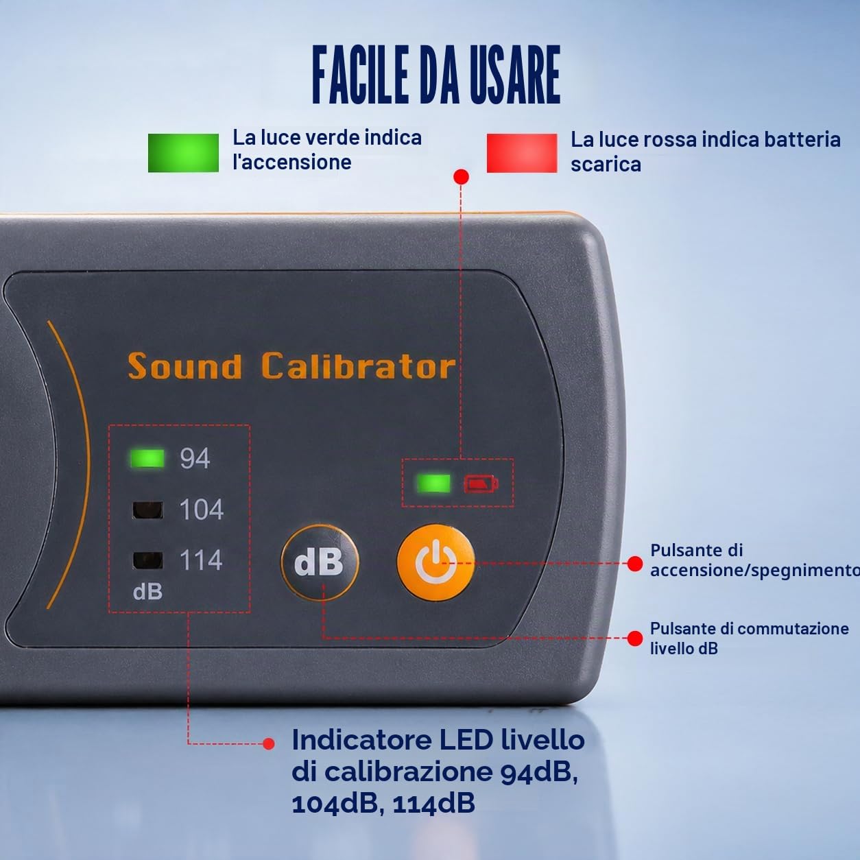 Suono Meter Decibel Livello Calibratore Calibrazione 114dB / 94dB / 104dB Calibrazione Livello per Suono Livello Metri