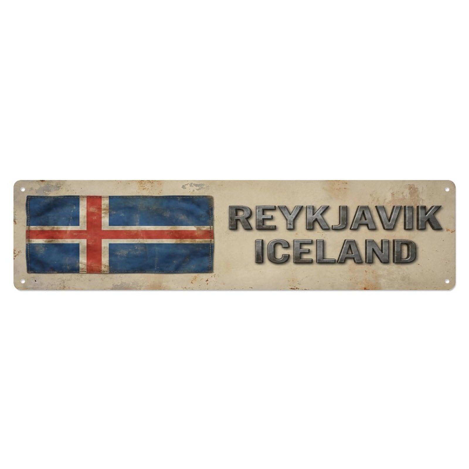 Vintage Reykjavik Iceland Flag Decor Rustic Travel Metal Tin Sign