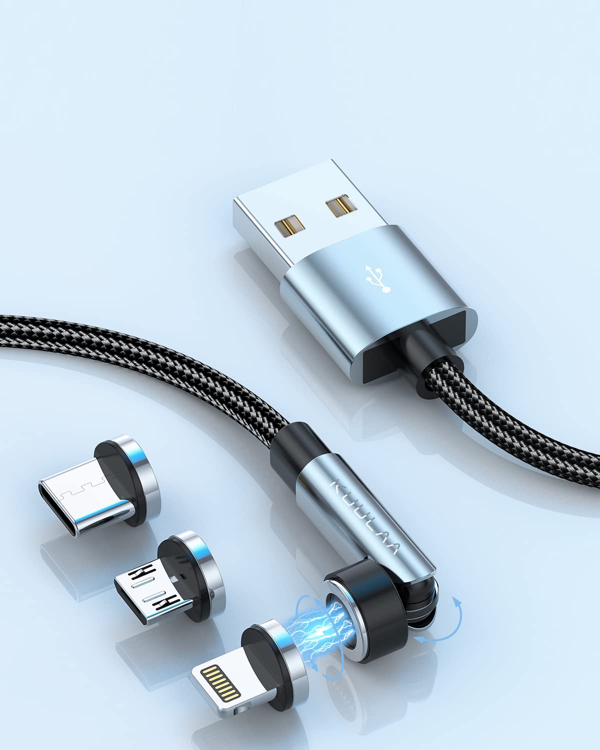 Kuulaa Cavo Magnetico 3 in 1 [1M+1M+2M], Rotante 360° e 180°, Ricarica Rapida 3A e Trasferimento Dati per Micro USB/Tipo C/iProducts