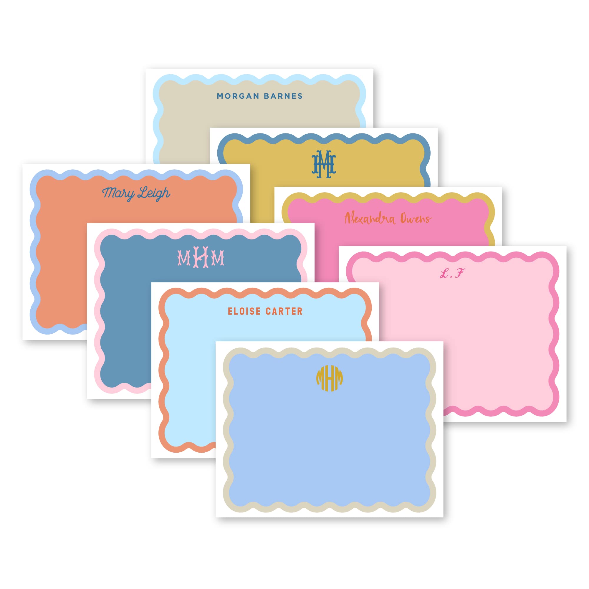 Preppy Jones Personalized Monogram Scallop Wave Border with Fill Flat Card Stationery Set, colorful stationary, personalized gift for women