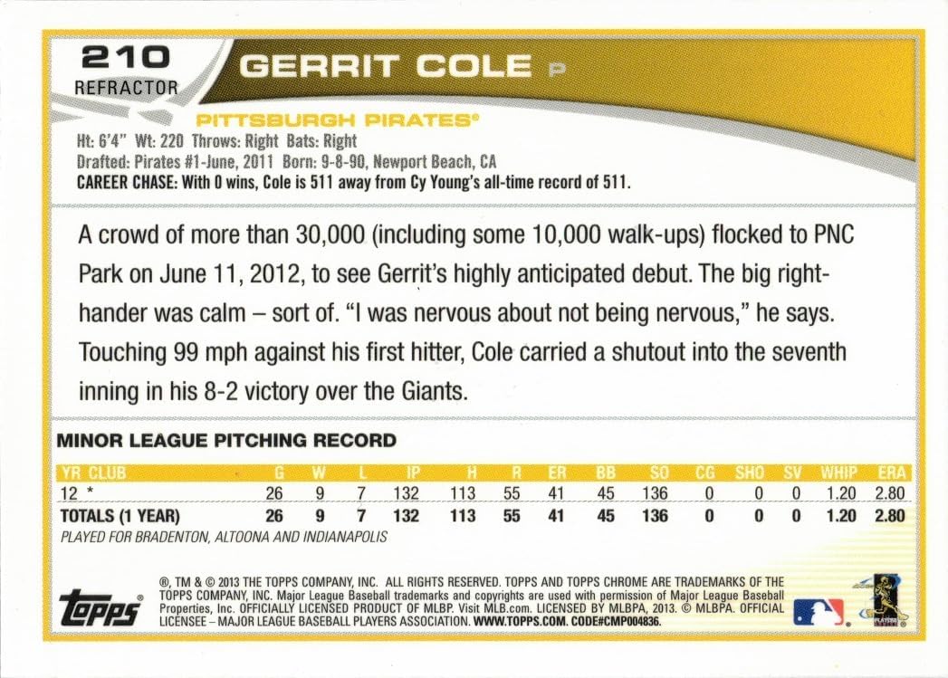 2013 Topps Chrome Orange Refractor Baseball #210 Gerrit Cole Rookie Card